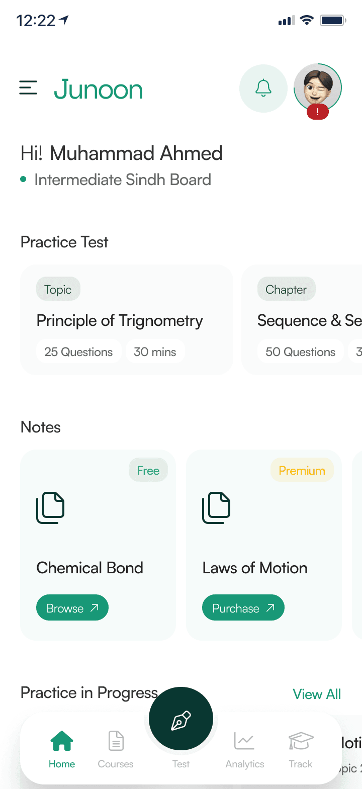 Junoon app home screen showing courses, practice and progress